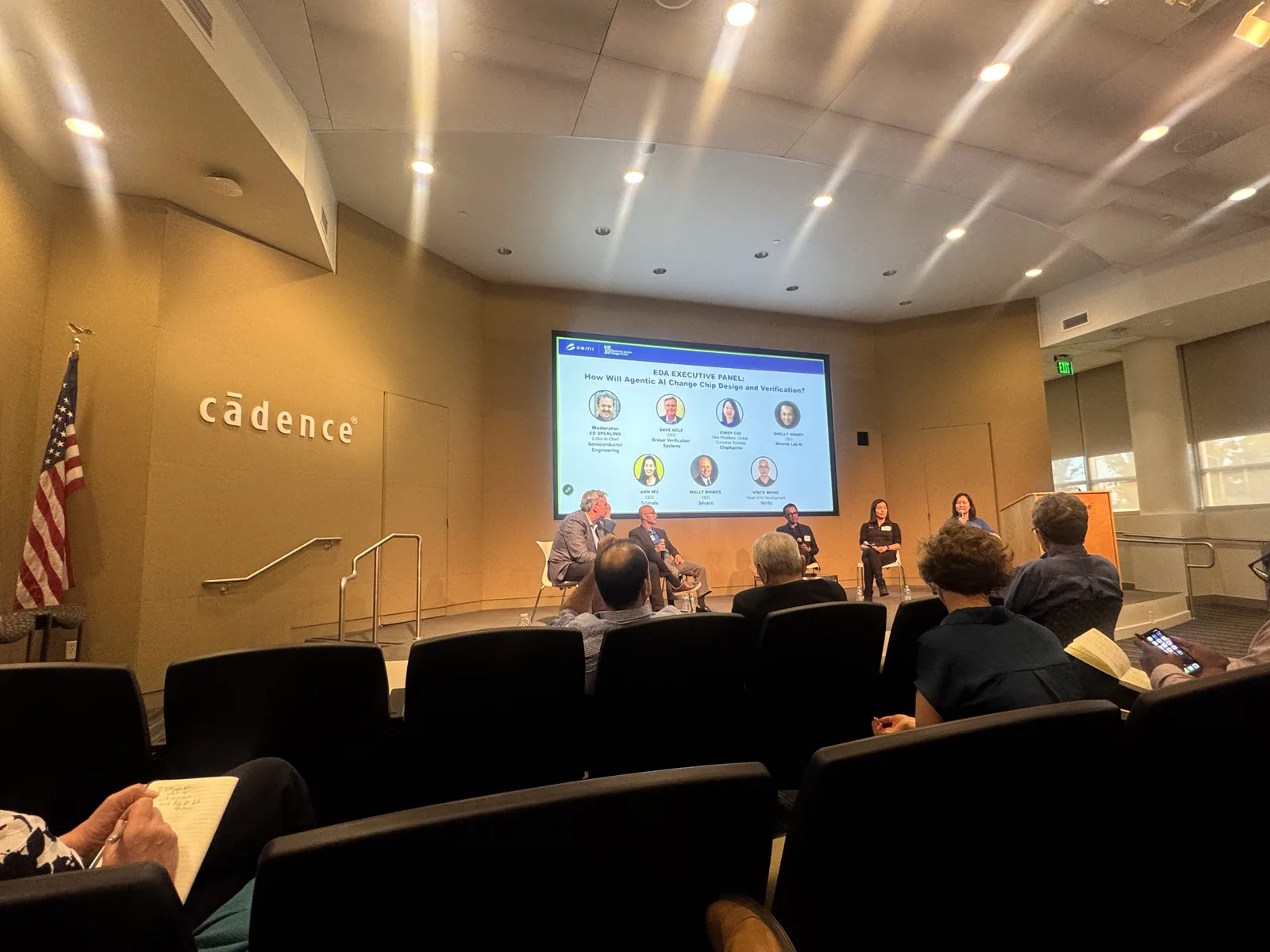 The panel seated on stage in the Cadence auditorium beneath a screen introducing the EDA executive panel on how agentic AI will change chip design and verification.