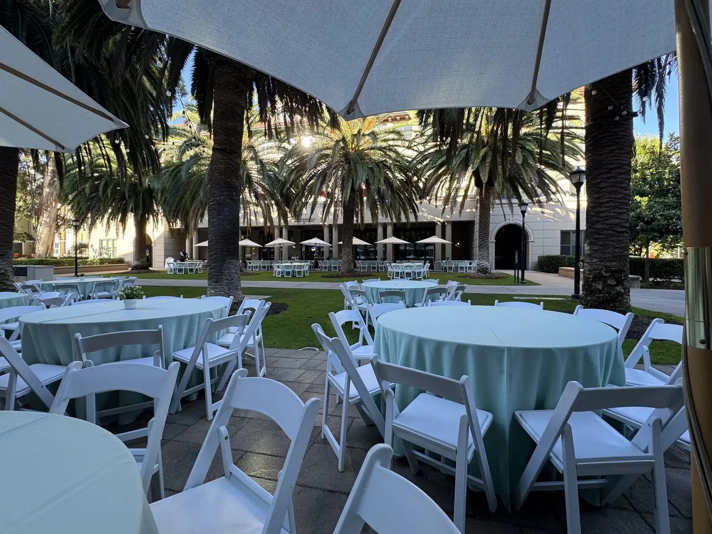 The palm-lined courtyard at Paul Brest Hall, Stanford, with tables set for the ICLAD 2026 evening reception.